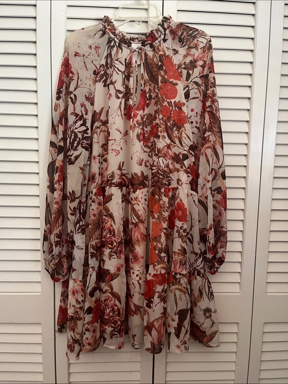 H&M Floral Tiered Long-Sleeve Dress in Cream, Brown, Red